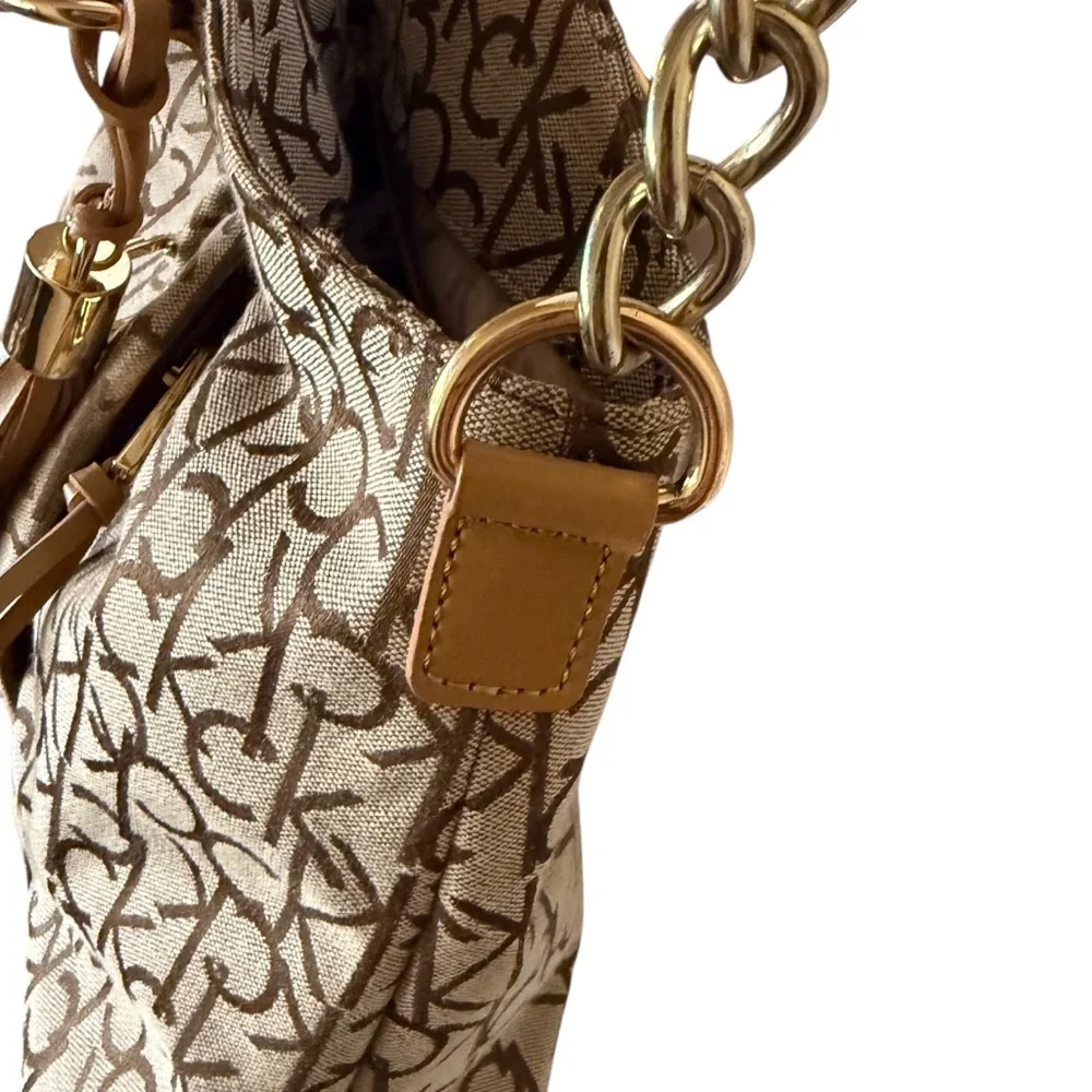 Calvin Klein Canvas khaki and tan signature logo shoulder/crossbody bag. NWOT - Picture 7 of 11